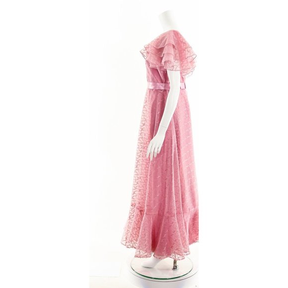 Raspberry Pink Sheer Ruffle Dress,Sheer Lace PInk Gown,60s Gone with the Wind St - Picture 9 of 10